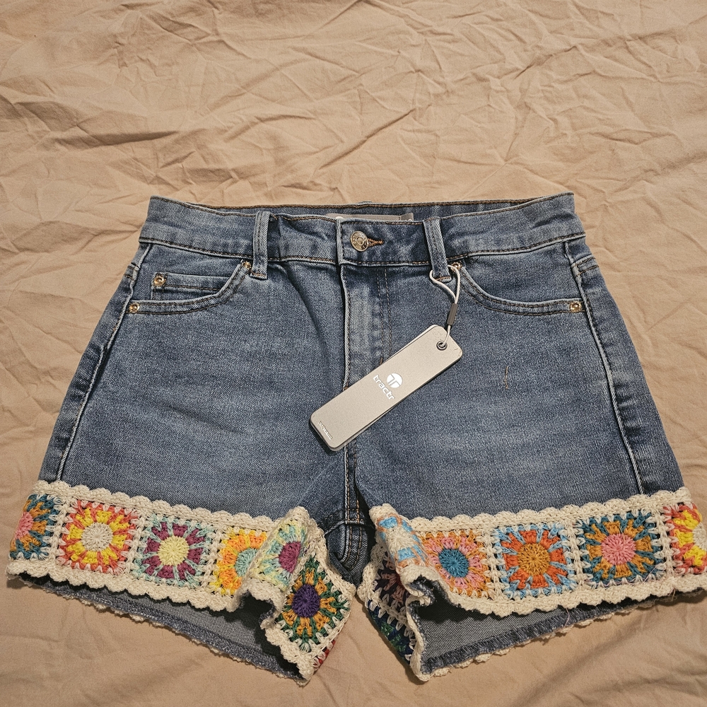 Tractr Blue Denim Shorts with Colorful Crochet Trim